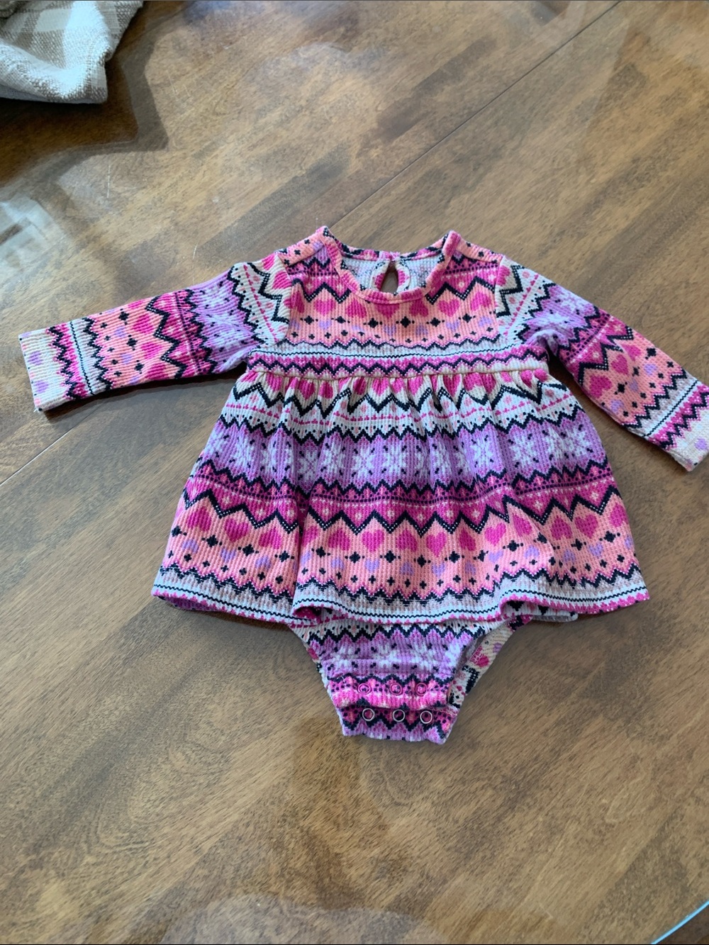 Baby Girl Pink Patterned Knit Dress Bodysuit with Long Sleeves